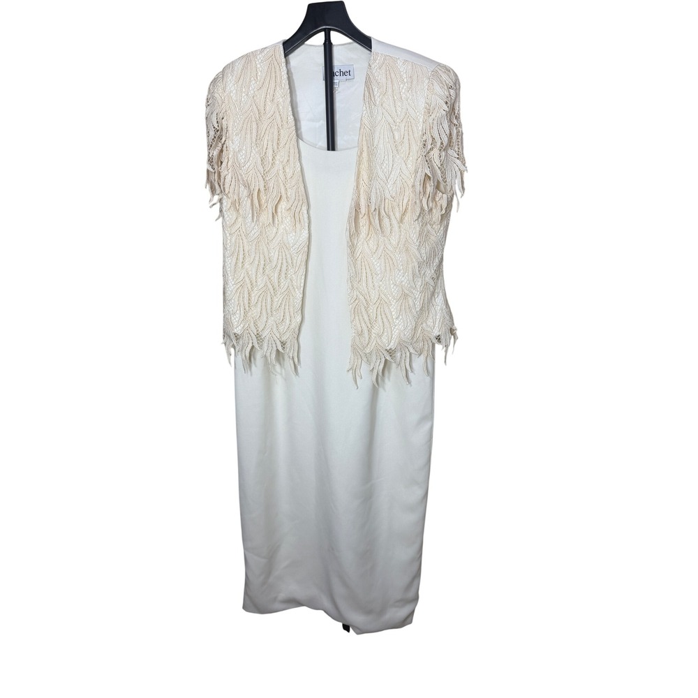 Cachet Womens Cream 2 Piece Dress and Textured Leaf Fringe Jacket Set Size 16